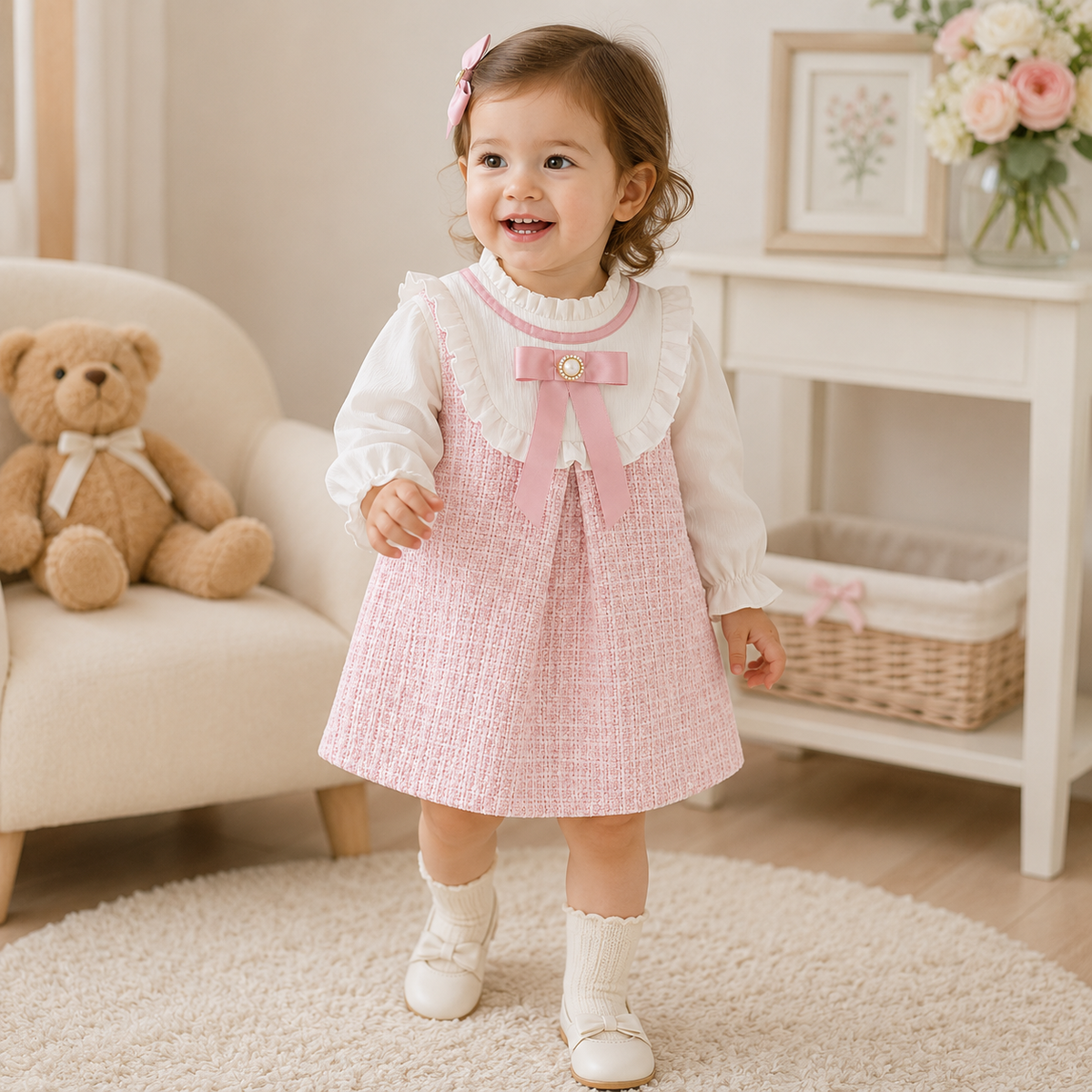Spring Grace – Girls’ Long Sleeve Bow Dress in Korean Casual Style
